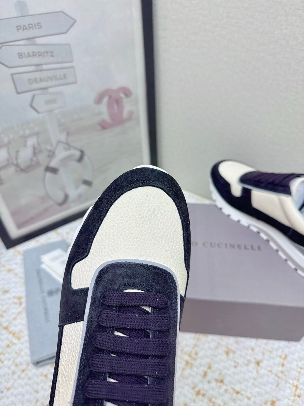 Brunello Panelled Sneakers Ivory Black Grain Leather Suede 625361