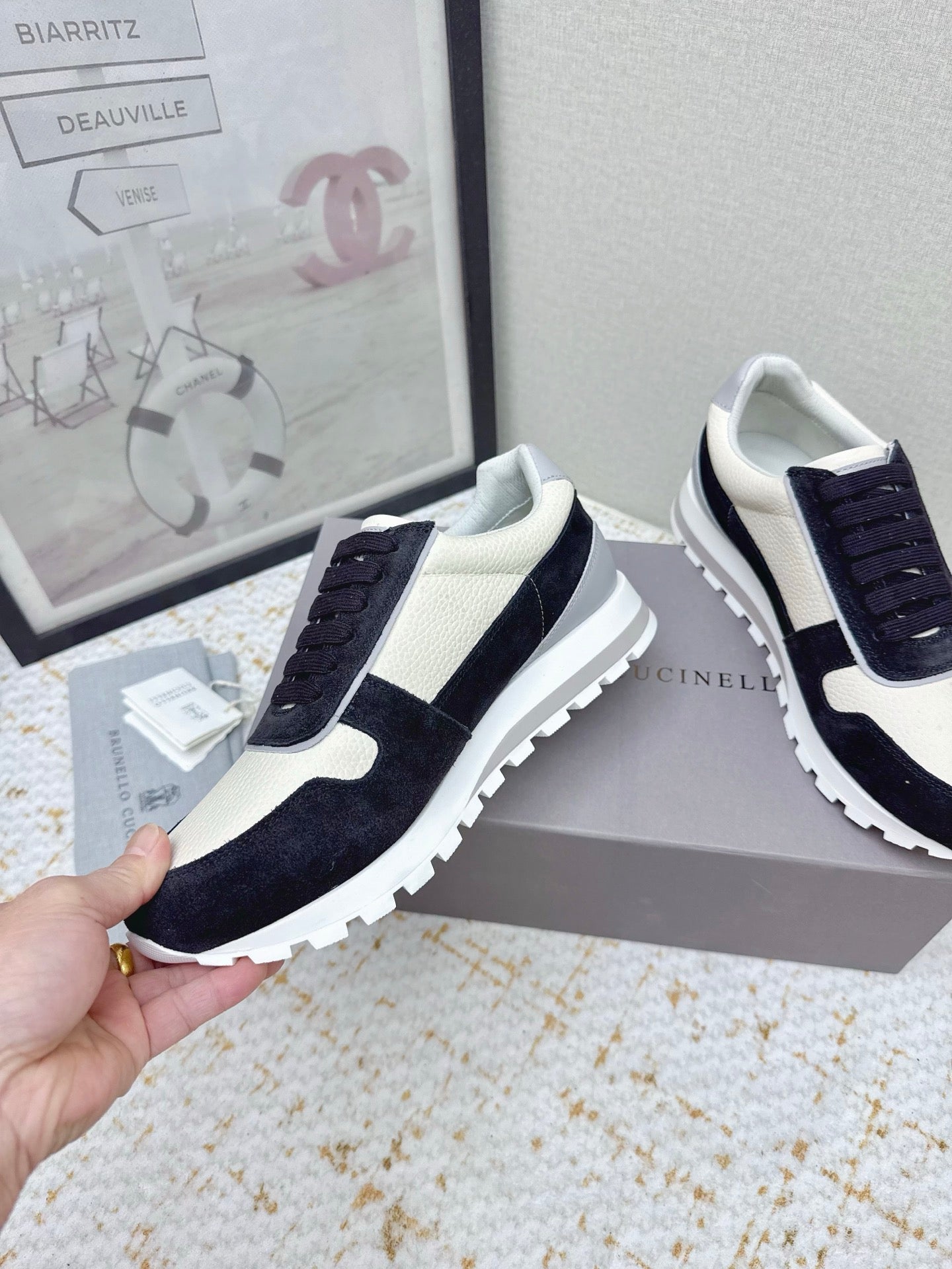 Brunello Panelled Sneakers Ivory Black Grain Leather Suede 625361