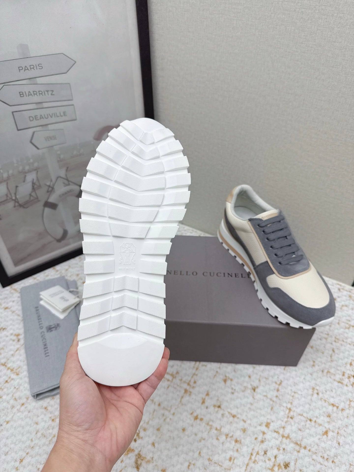 Brunello Panelled Sneakers Ivory Dark Grey Grain Leather Suede 625362