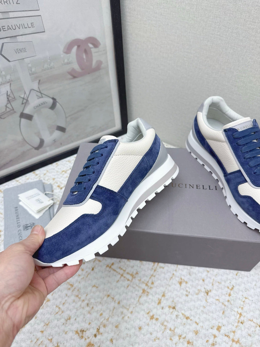 Brunello Panelled Sneakers Ivory Blue Grain Leather Suede 625363