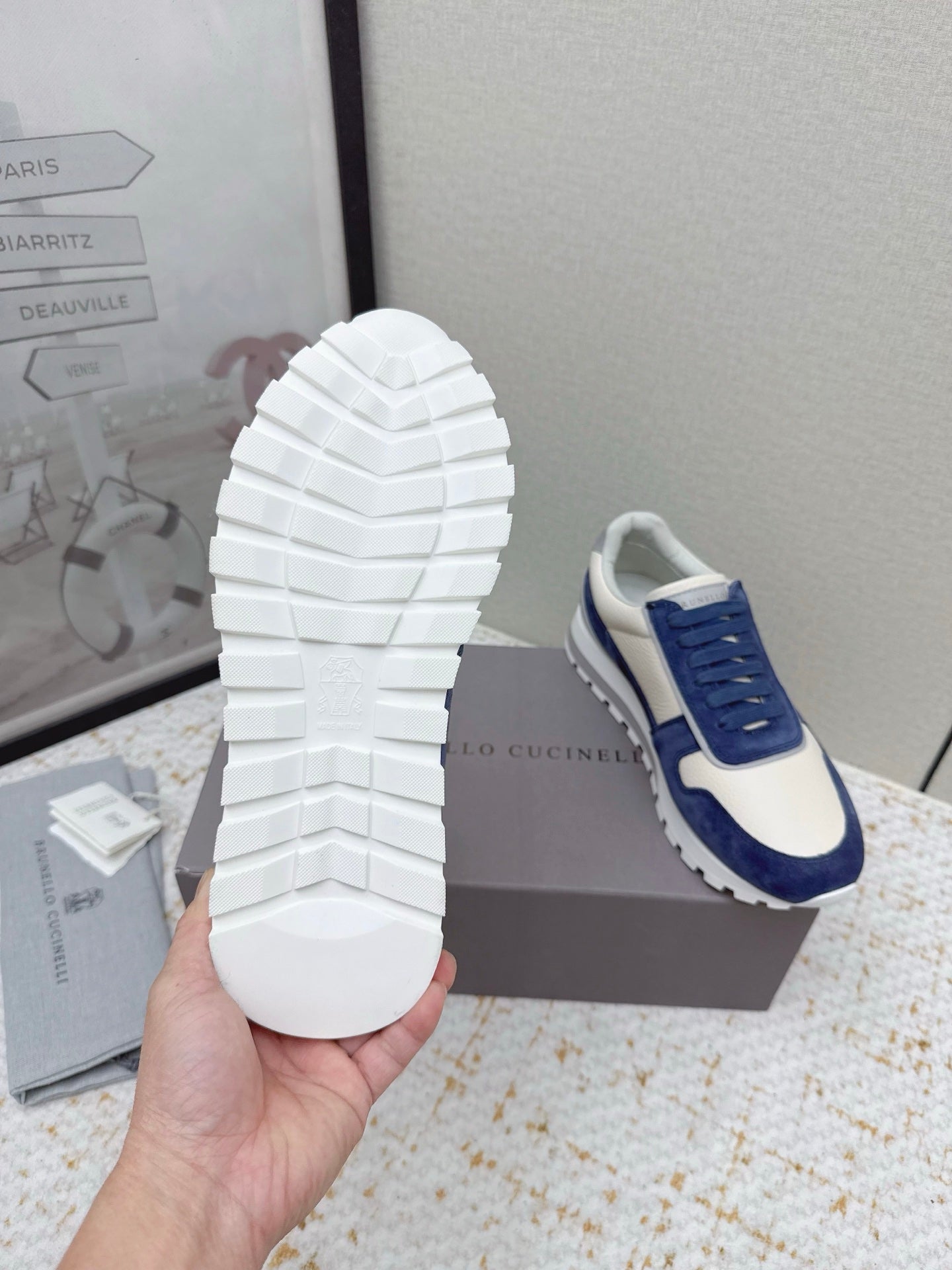 Brunello Panelled Sneakers Ivory Blue Grain Leather Suede 625363