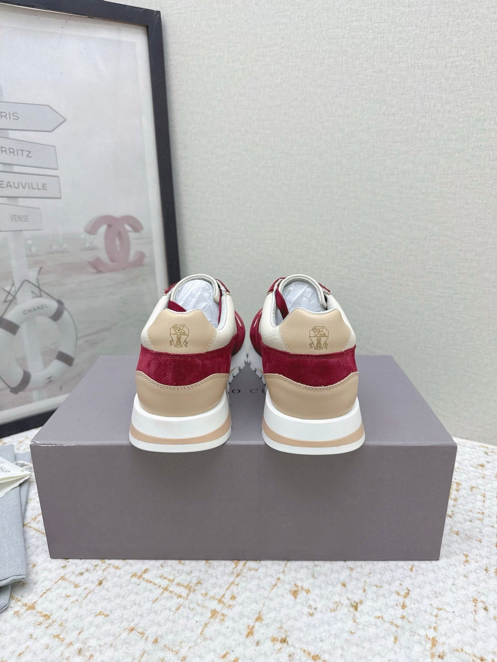 Brunello Panelled Sneakers Ivory Burgundy Grain Leather Suede 625364