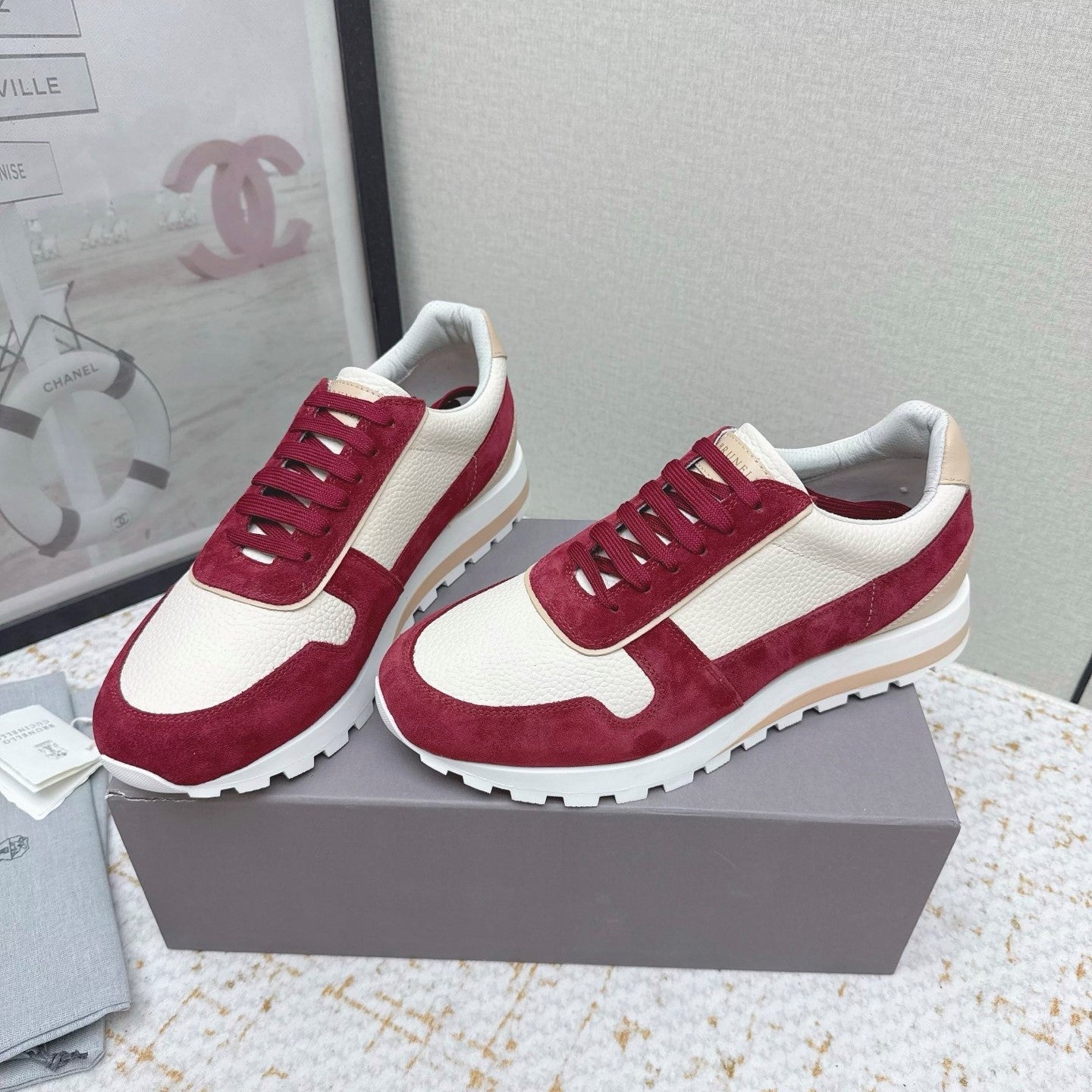 Brunello Panelled Sneakers Ivory Burgundy Grain Leather Suede 625364