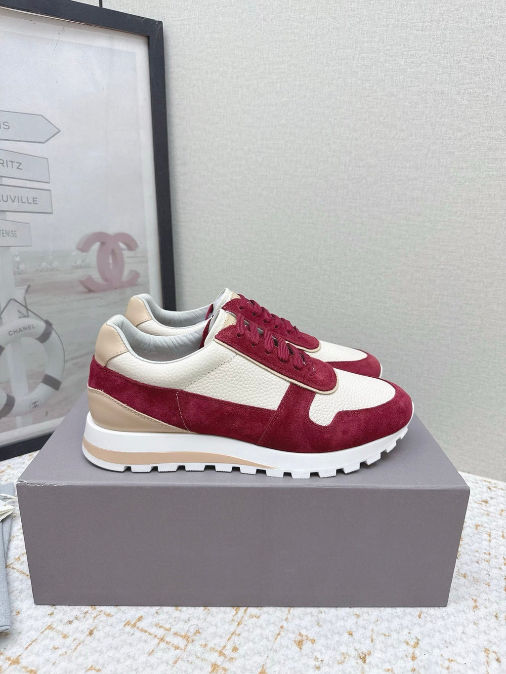 Brunello Panelled Sneakers Ivory Burgundy Grain Leather Suede 625364