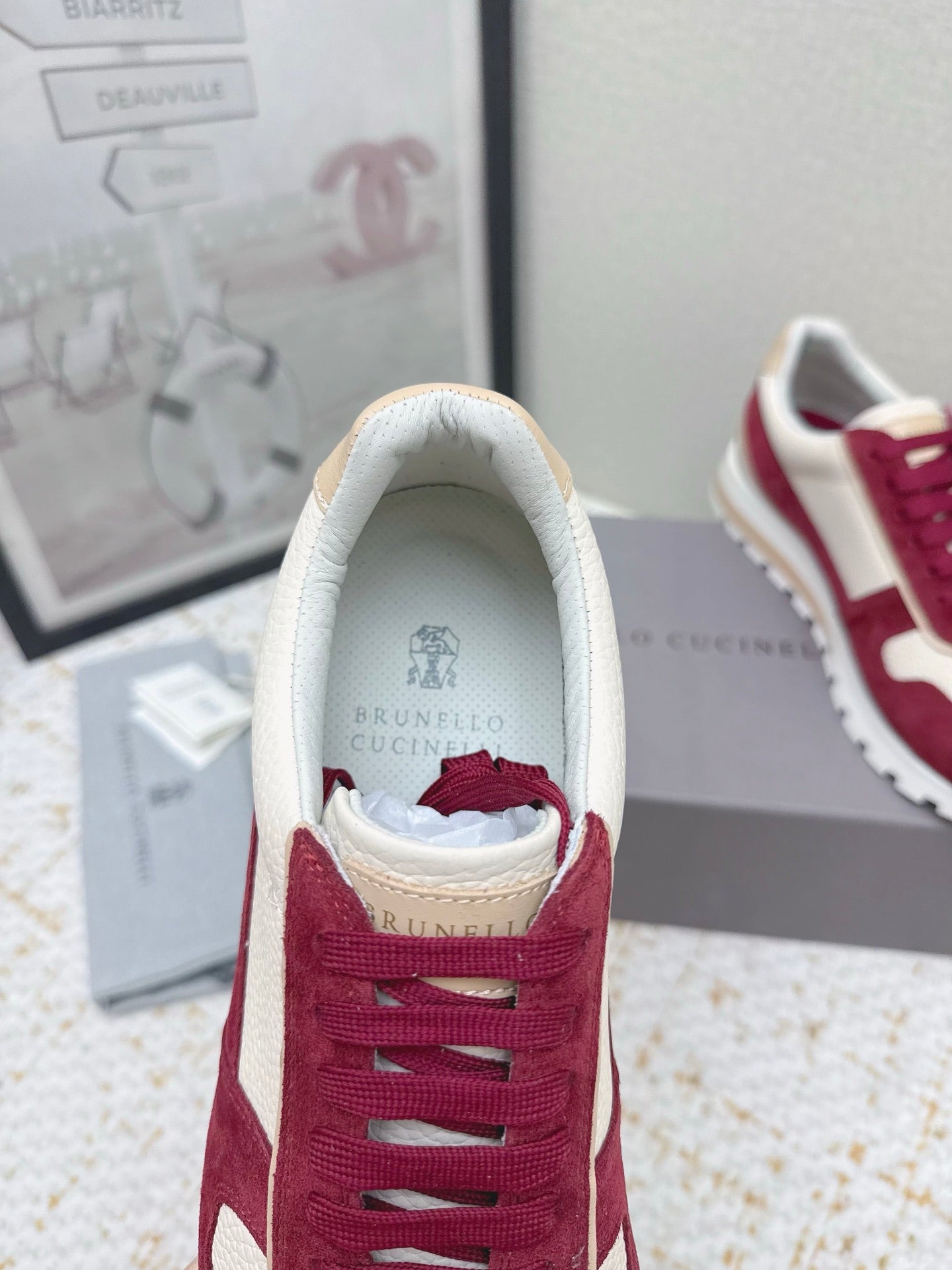 Brunello Panelled Sneakers Ivory Burgundy Grain Leather Suede 625364