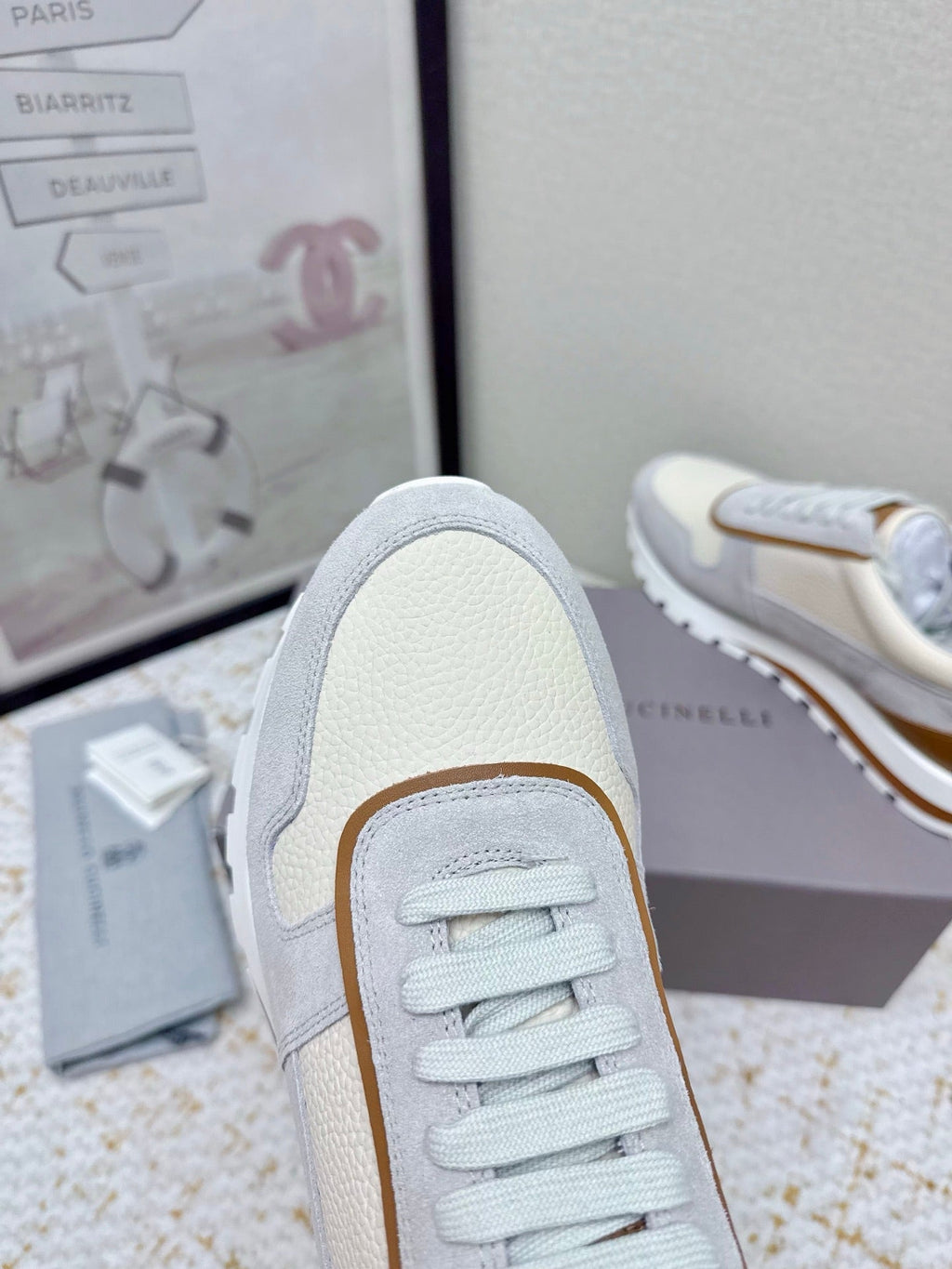Brunello Panelled Sneakers Ivory Grey Grain Leather Suede 625366