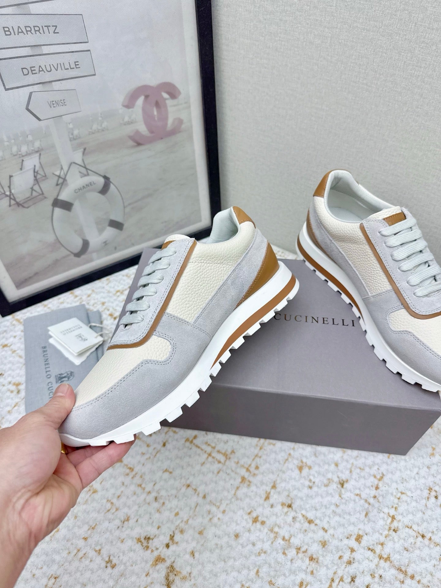 Brunello Panelled Sneakers Ivory Grey Grain Leather Suede 625366