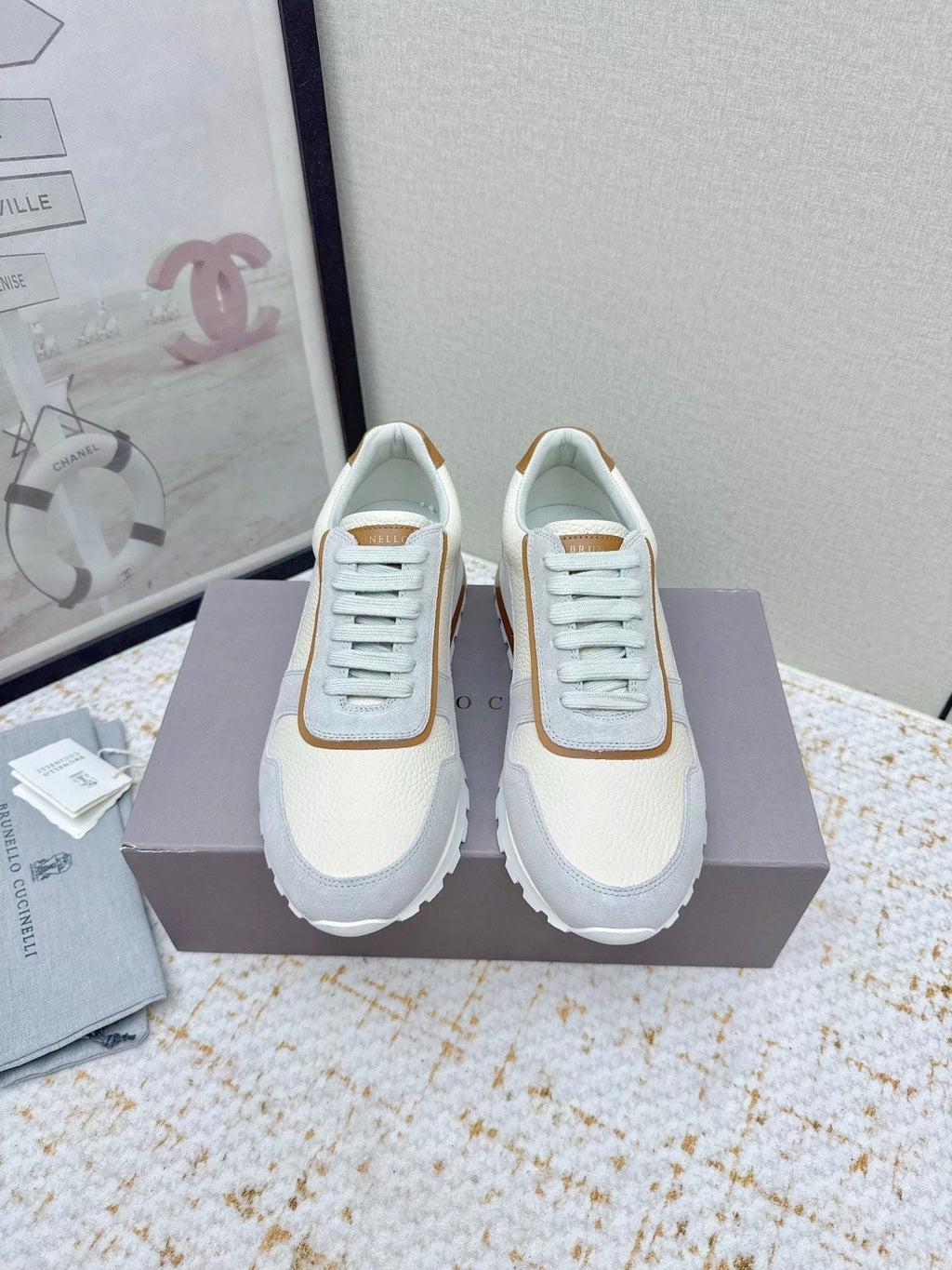 Brunello Panelled Sneakers Ivory Grey Grain Leather Suede 625366