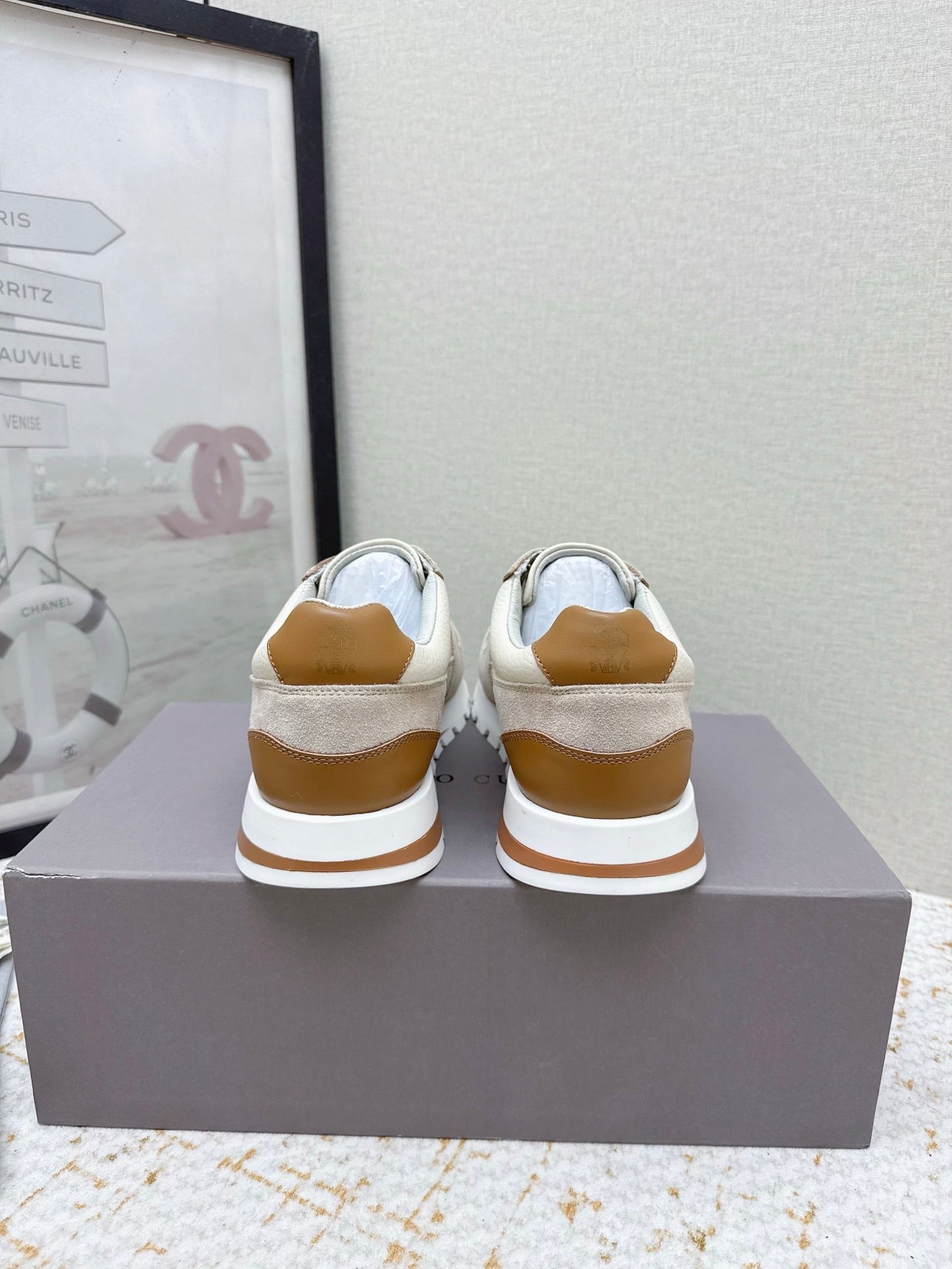Brunello Panelled Sneakers Beige Taupe Grain Leather Suede 625367