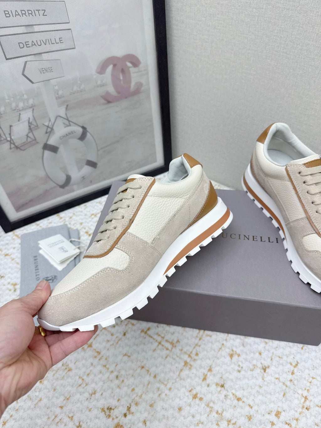 Brunello Panelled Sneakers Beige Taupe Grain Leather Suede 625367