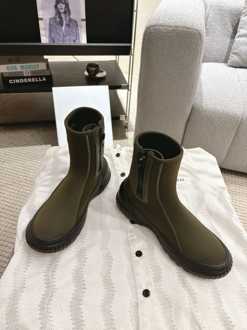 CD Ankle Boots Brown Moss Green Elastic Fabric