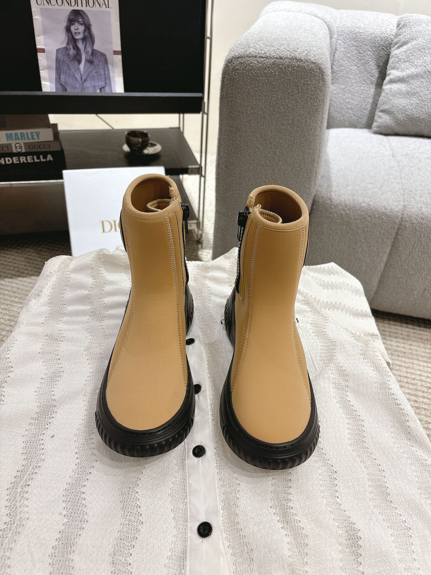 CD Ankle Boots Yellow Beige Elastic Fabric