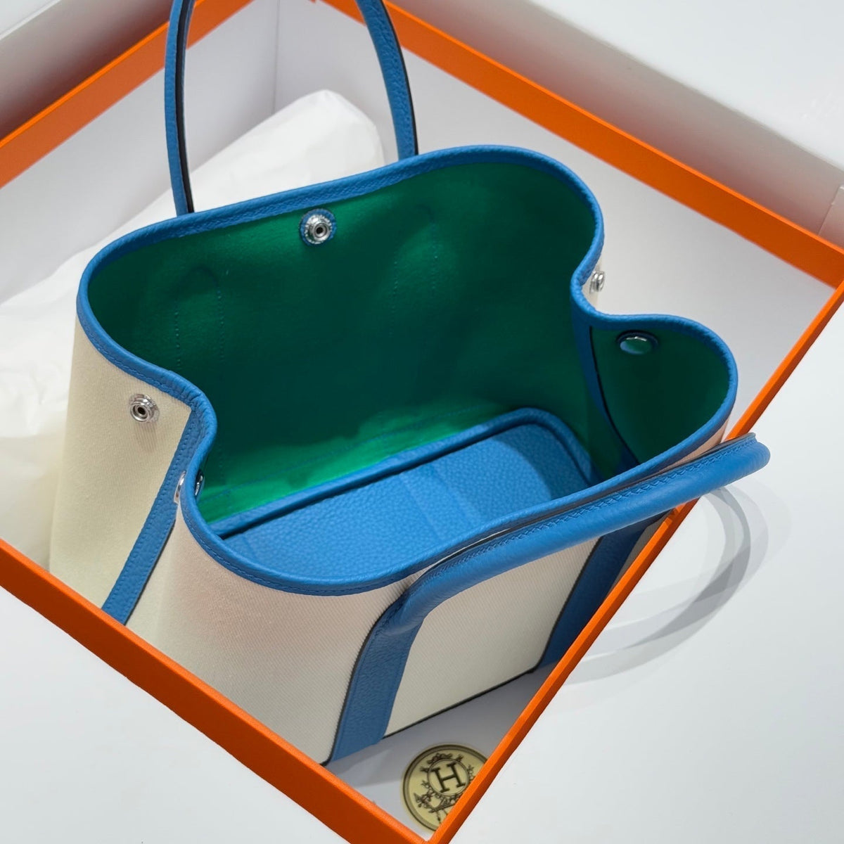 HM Garden Party 30cm Bag Blue Togo Cream Canvas