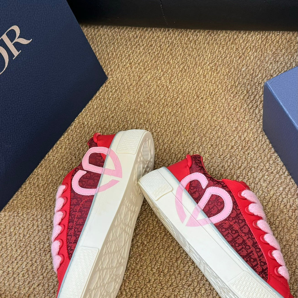 CD B33 Sneaker Red Pink Oblique Jacquard Fabric And Lambskin