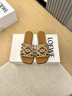 Loewe Petal Anagram Rhinestone Slides Brown Leather 723132