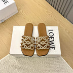 Loewe Petal Anagram Rhinestone Slides Brown Leather 723132