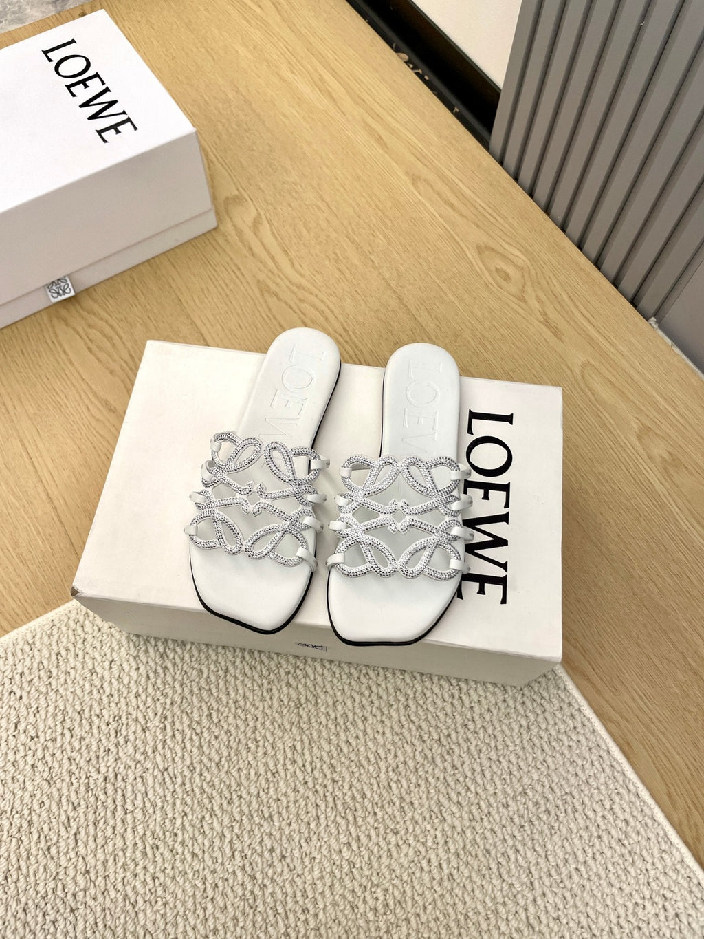 Loewe Petal Anagram Rhinestone Slides White Leather 723133