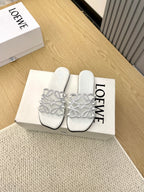 Loewe Petal Anagram Rhinestone Slides White Leather 723133
