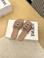 Loewe Petal Anagram Rhinestone Slides Light Brown Leather 723134