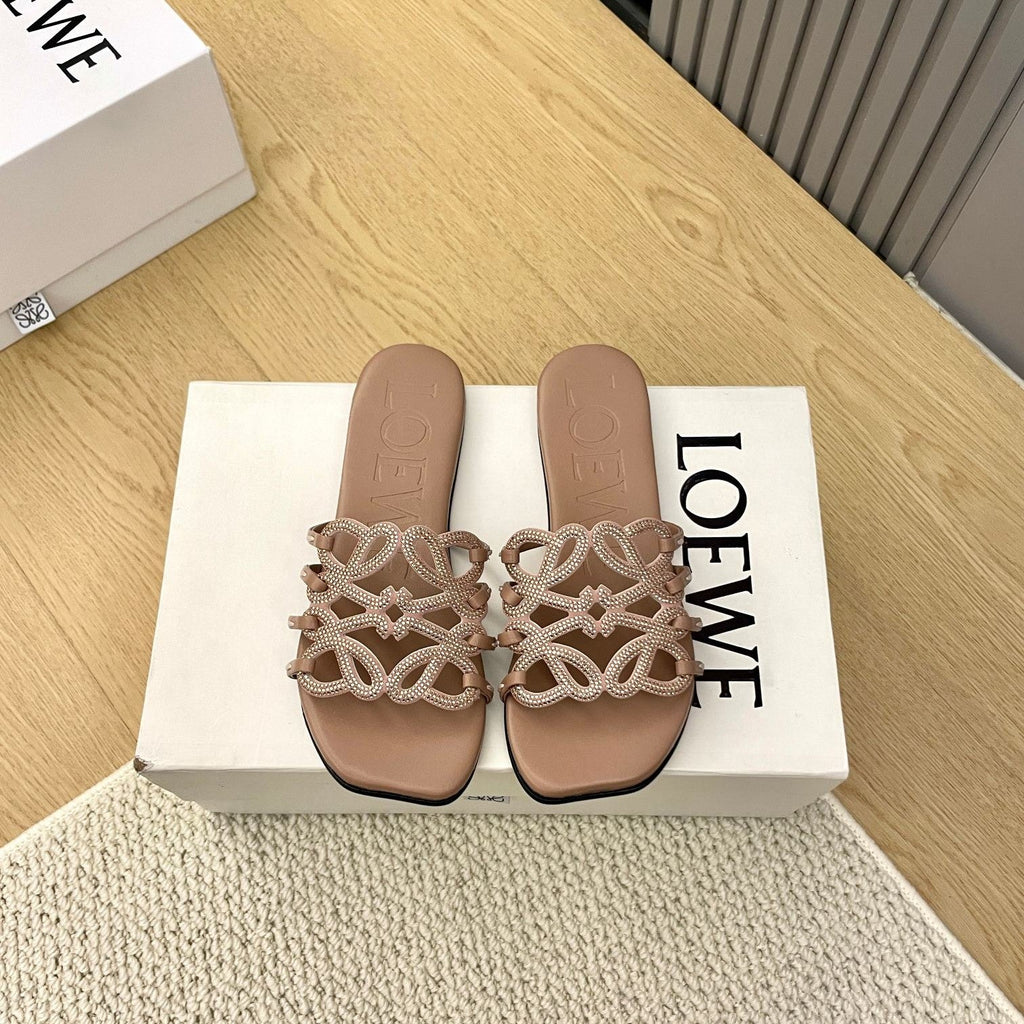 Loewe Petal Anagram Rhinestone Slides Light Brown Leather 723134