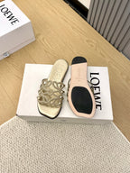 Loewe Petal Anagram Rhinestone Slides Golden Leather 723137