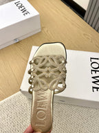 Loewe Petal Anagram Rhinestone Slides Golden Leather 723137