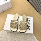 Loewe Petal Anagram Rhinestone Slides Golden Leather 723137