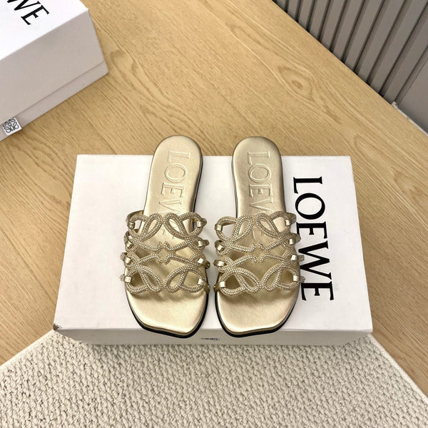 Loewe Petal Anagram Rhinestone Slides Golden Leather 723137