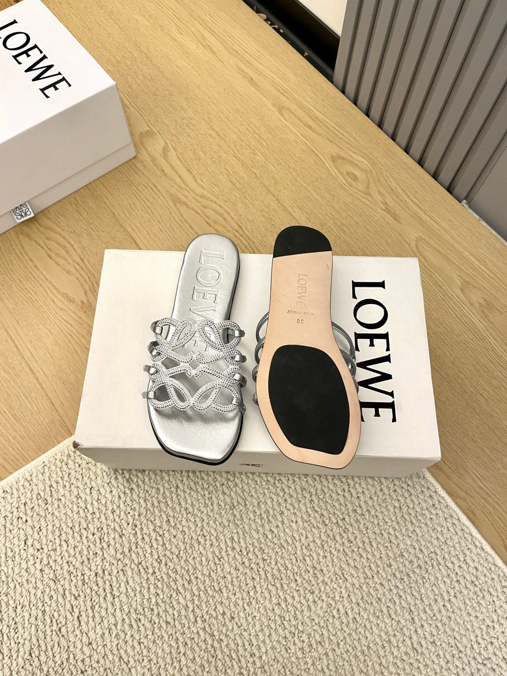 Loewe Petal Anagram Rhinestone Slides Sliver Leather 723138