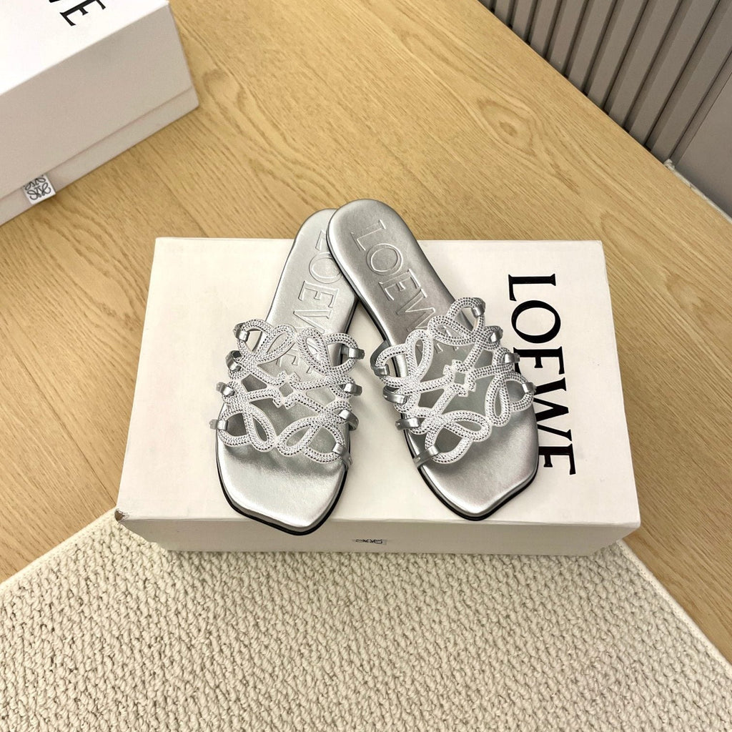 Loewe Petal Anagram Rhinestone Slides Sliver Leather 723138