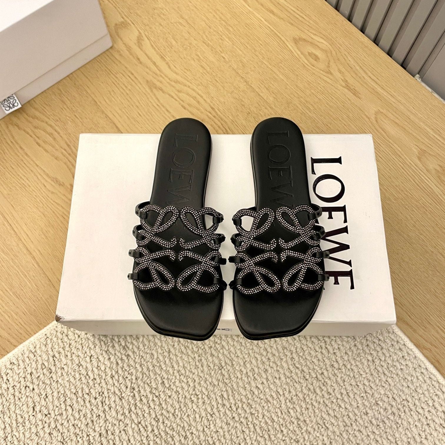 Loewe Petal Anagram Rhinestone Slides Black Leather 723139