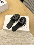 Loewe Petal Anagram Rhinestone Slides Black Leather 723139