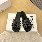 Loewe Petal Anagram Rhinestone Slides Black Leather 723139