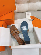 santorini sandal brown calfskin white thread embroidered