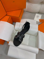 santorini sandal black calfskin white thread embroidered