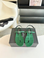 SL CRYSTAL T-STRAP FLAT SANDAL DARK GREEN SATIN