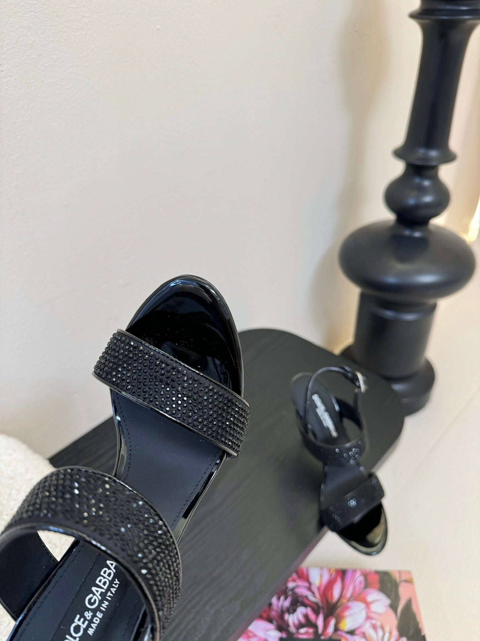 DC Satin Sandals Black Sheepskin & Fusible Rhinestones 313668