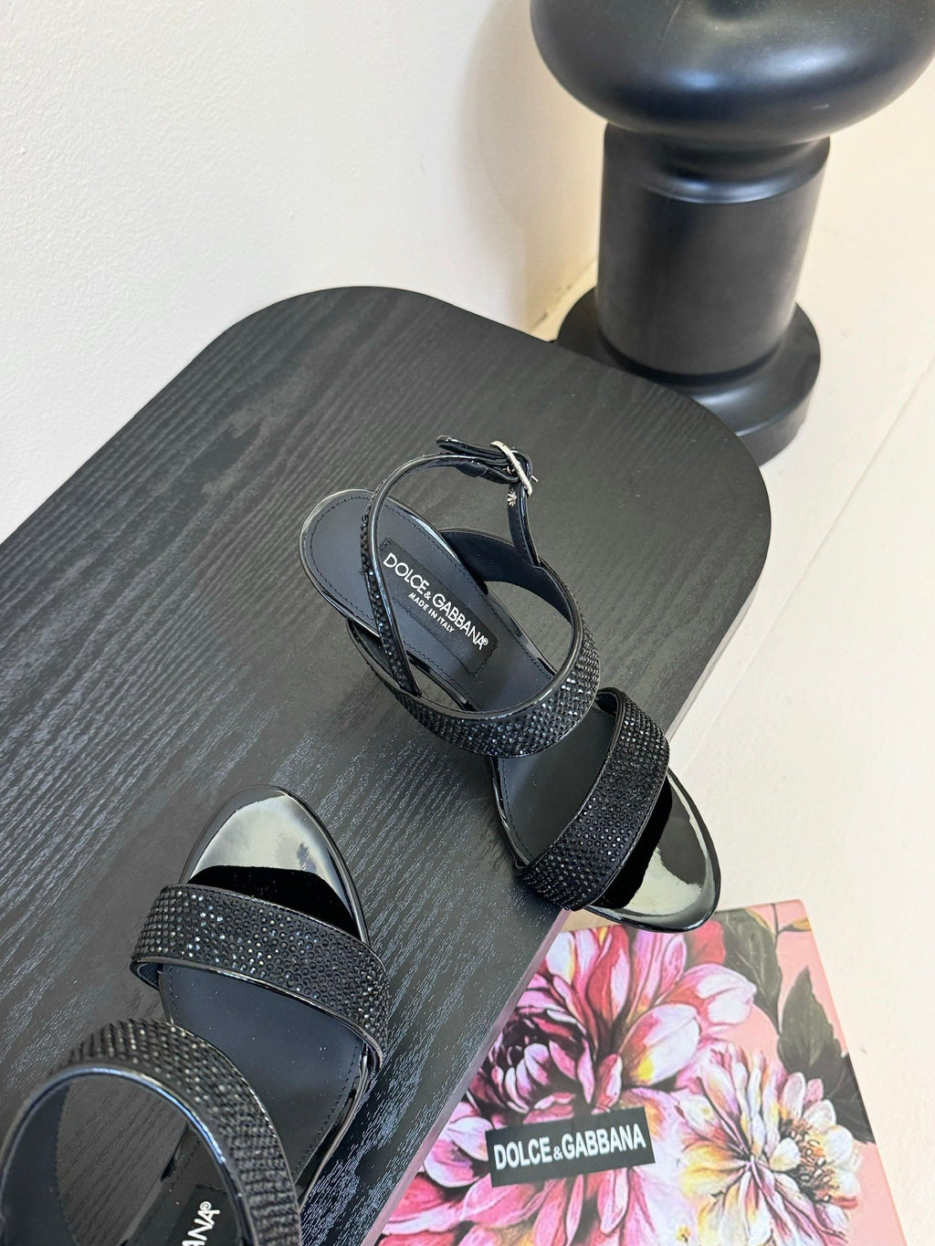 DC Satin Sandals Black Sheepskin & Fusible Rhinestones 313668