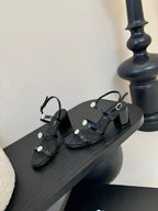 CC 25SS 3 Flowers Heel Sandals 60mm Black Sheepskin 351431