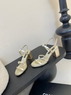 CC 25SS 3 Flowers Heel Sandals 60mm Gold Metallic Sheepskin 351433