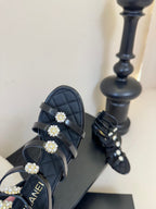 CC 25SS Camellia Multi Straps Heel Sandal 60mm Black Sheepskin 351434