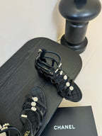 CC 25SS Camellia Multi Straps Heel Sandal 60mm Black Sheepskin 351434