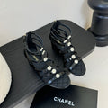 CC 25SS Camellia Multi Straps Heel Sandal 60mm Black Sheepskin 351434