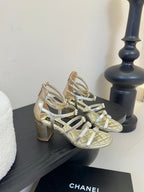 CC 25SS Camellia Multi Straps Heel Sandal 60mm Gold Metallic Sheepskin 351435