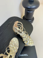 CC 25SS Camellia Multi Straps Heel Sandal 60mm Gold Metallic Sheepskin 351435