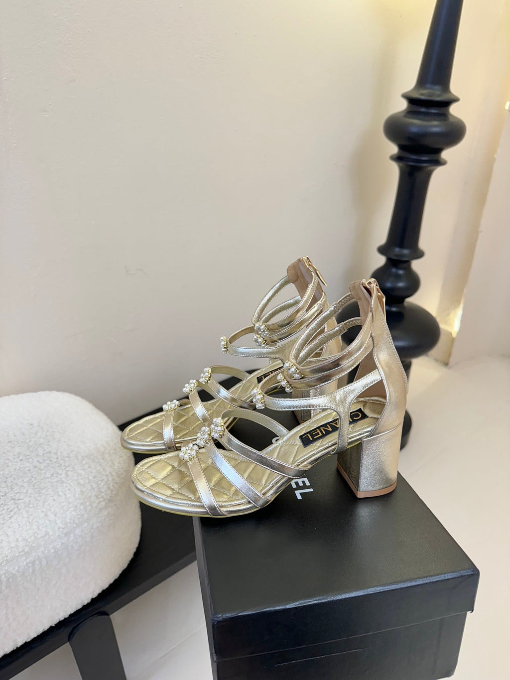 CC 25SS Camellia Multi Straps Heel Sandal 60mm Gold Metallic Sheepskin 351435