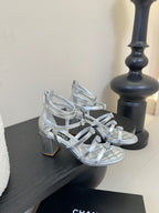 CC 25SS Camellia Multi Straps Heel Sandal 60mm Silver Metallic Sheepskin 351436