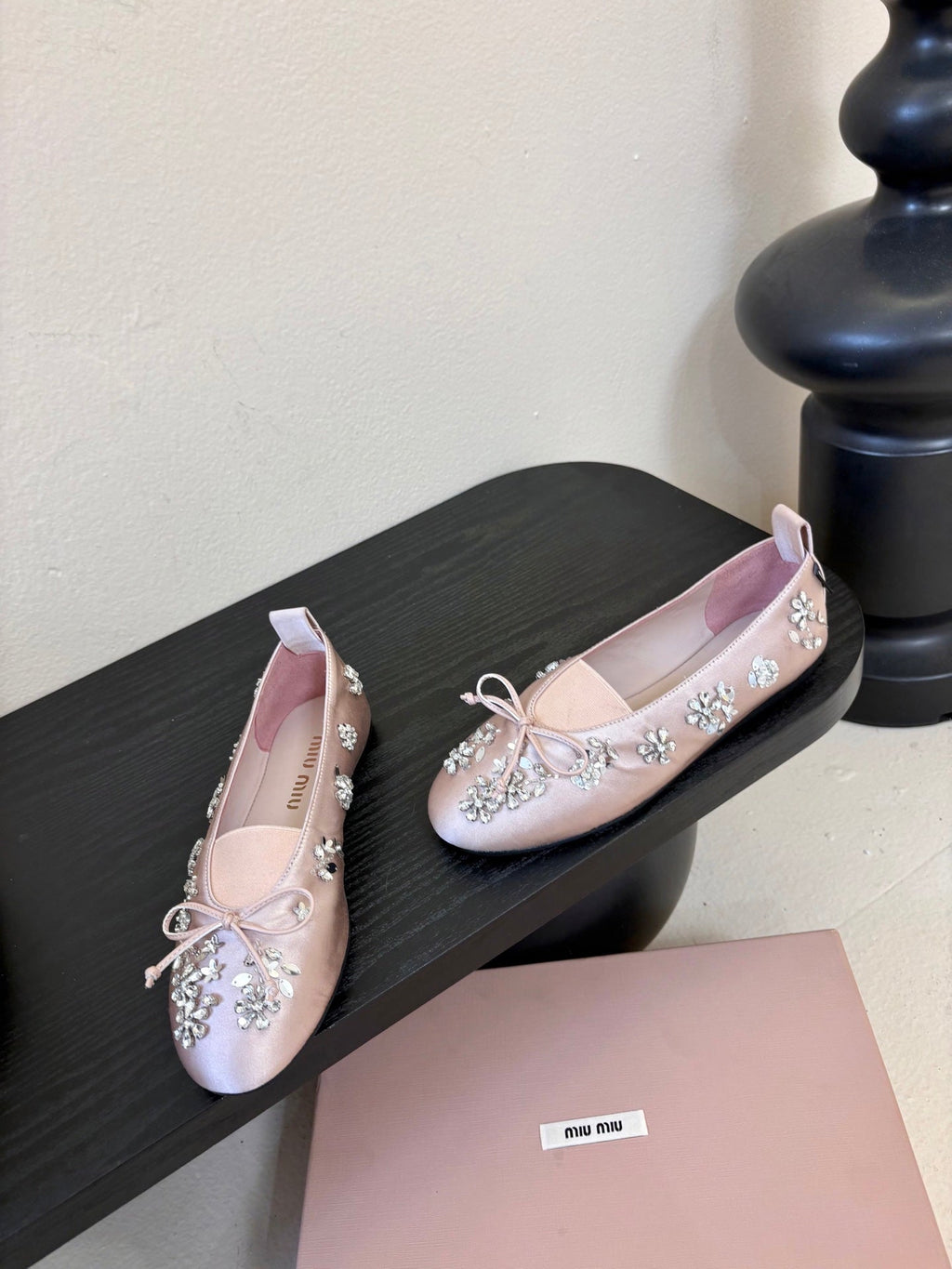 Miu Ballet Flat With Floral Crystal Light Pink Silk