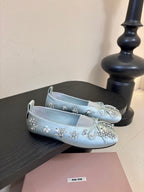 Miu Ballet Flat With Floral Crystal Light Sky Blue Silk