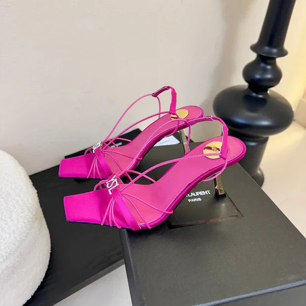YSL 26ss Square Toe Sandals 70 Bright Pink Silk Sheepskin 651707